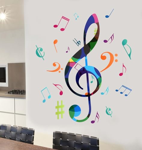 Colourful Music Note Design Full Colour Mural Wall Sticker - Living Bedroom Kitchen Decal Transfer - Large 70cm x 54cm - Select Size Below