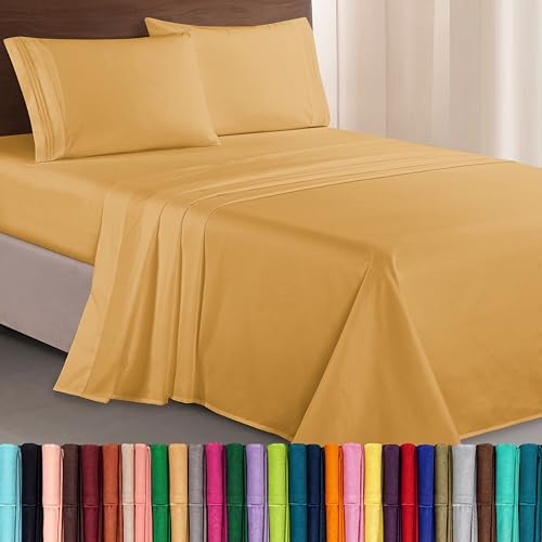 Elegant Comfort Luxurious 1500 Premium Hotel Quality Microfiber Three Line Embroidered Softest 4-Piece Bed Sheet Set, Wrinkle and Fade Resistant, King, Camel-Gold