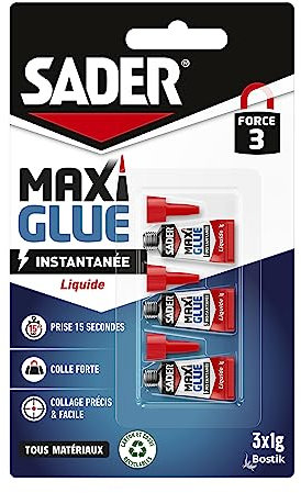 Sader Maxiglue Liquide – Super Glue Universelle – Tous Matériaux – Colle de Réparation à Prise Rapide – Colle Extra Forte –Transparente – 3 Tubes de 1 g