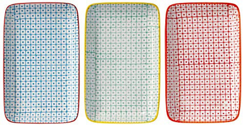 Bloomingville Servierplatten Carla Retro kleine Servier-Teller eckig Vintage rechteckige L 19 x W 12 cm, rot blau grün, Keramik, 3er Set