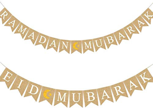 Amosfun Ramadan Kareem Eid Mubarak Jutewimpel Banner Eid Mubarak Party Dekoration Zubehör 2 Stück
