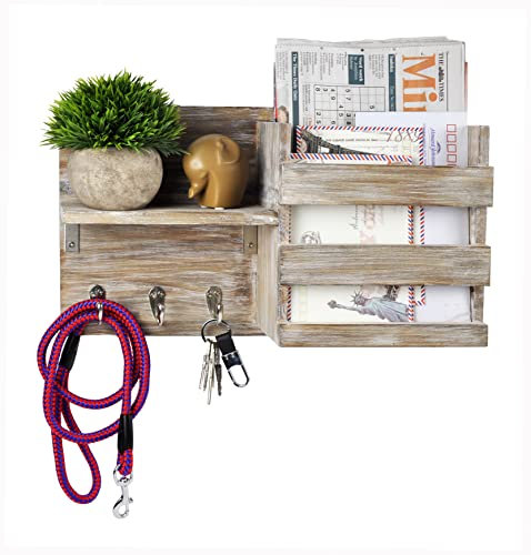 Eitida Porte-courrier mural et porte-clés avec 3 crochets pour clés - Porte-revues, vêtements et laisses suspendus, organiseur de courrier, étagères suspendues pour cuisine et entrée_Gris rustique