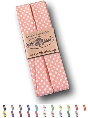 Sandras-Bastelladen Schrägband/Einfassband Baumwolle gefalzt 3m x 20mm - Punkte Muster 1018-Altrosa-Weiß