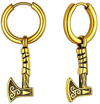 Gold Dangle Earring Hoops, Norse Viking Axes Small Hoop Earrings, Stainless Steel Nordic Earring - Vikings Gifts for Valentines Day Birthday