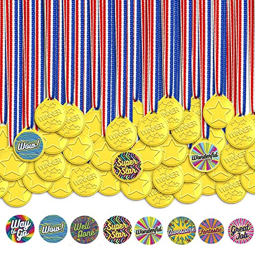 Anjing 50 Stück Medaillen 500 Aufkleber für Kinder Gewinner Kunststoff Medaillen Auszeichnungen für Schule Sport Tag oder Mini Event