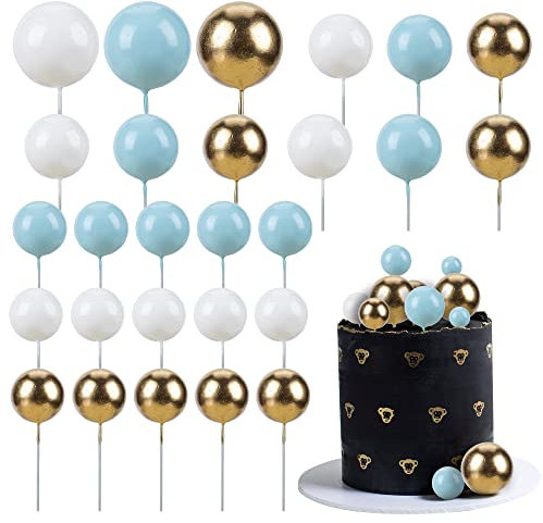 Gyufise 30Pcs Ball Cake Topper Ball Cake Picks Colorful Pearl Ball Shaped Cupcake Insert Cake Topper for Bear Theme Birthday Party Favors Wedding Decoration Supplies Blue White Gold
