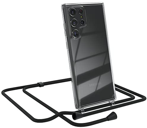 EAZY CASE Handykette kompatibel mit Samsung Galaxy S22 Ultra 5G Handyhülle mit Umhängeband, Handykordel mit Schutzhülle, Silikonhülle, Hülle, Stylische Kette für Smartphone, Schwarz - Clips Schwarz