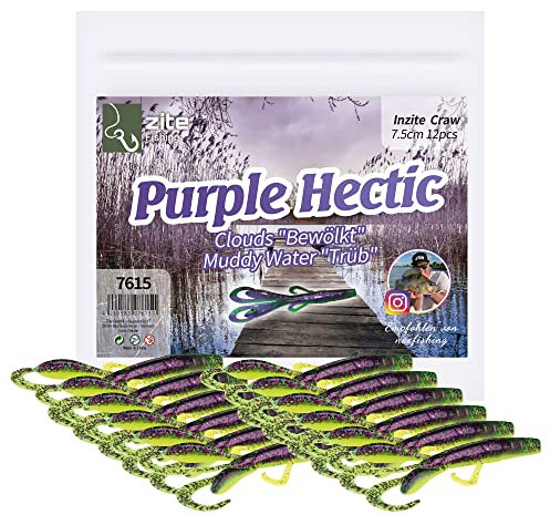 Zite Fishing Creature Bait Gummiköder Inzite Craw - 12 STK Drop Shot Finesse Angelköder Barsch & Zander Angeln - Auch UV-Aktive Kunstköder Farben (Purple Hectic)