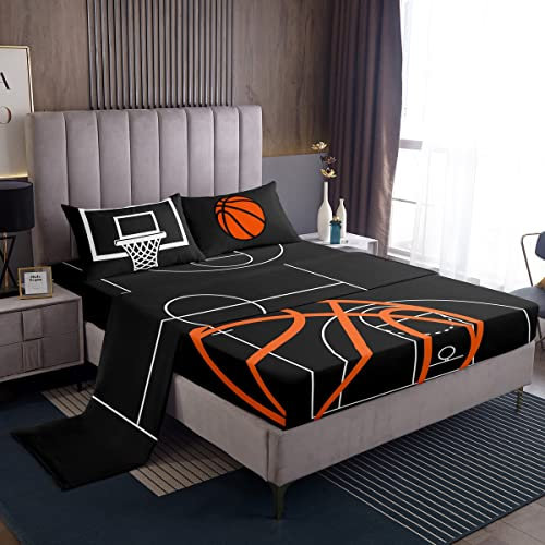 Spannbettlaken-Set mit Basketballplatz-Aufdruck, volle Größe, 4-teilig, Ballsport-Spiele-Themen-Bettwäsche-Set (1 Spannbetttuch, 1 flach, 2 Kissen), tiefe Taschen-Bettlaken für Mädchen, Jugendzimmer