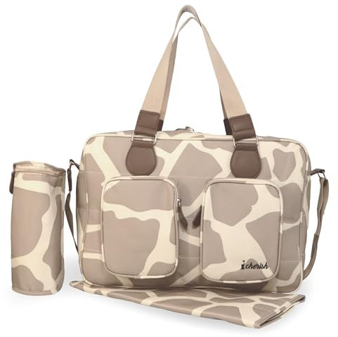 My Babiie Changing Bag Tote - With Insulated Bottle Holder, Portable Changing Mat, Baby Travel Bag, Nappy Messenger Bag, 2 Front Pockets - Giraffe