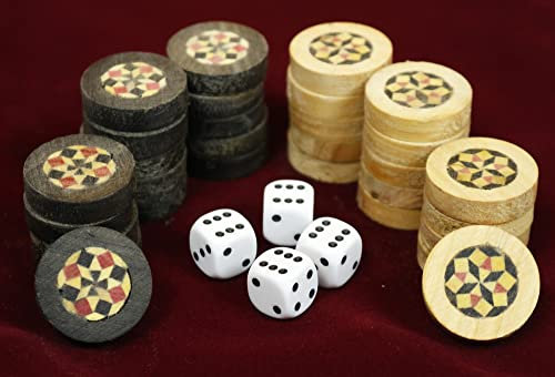 Original Handgefertigte Holz Backgammon DAMA Mosaik Steine 30 Stück aus Holz in Handgefertigt Samtbeute mit 4 Würfelsteine (Ø26 mm)