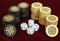 Original Handgefertigte Holz Backgammon DAMA Mosaik Steine 30 Stück aus Holz in Handgefertigt Samtbeute mit 4 Würfelsteine (Ø26 mm)