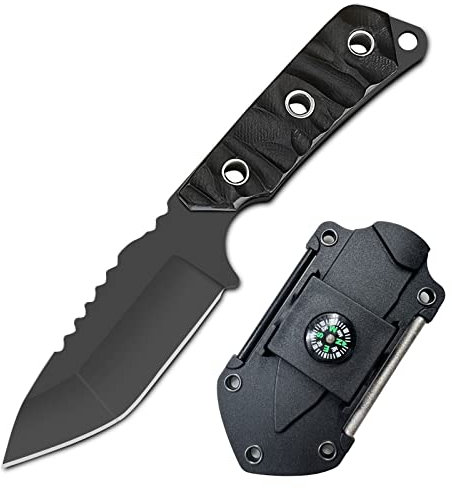 TIMKOSS Outdoor Survival Messer Gürtelmesser mit Kydex Holster Scheide, Camping Halsmesser, Überlebensmesser aus einem stück 440C Stahl gefertigt (Schwarz)