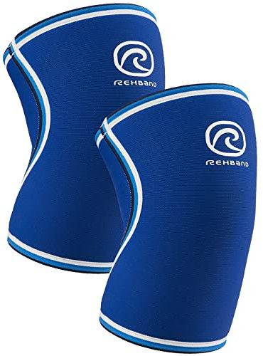 Rehband Benda per ginocchio Rx Original, 1 pezzo, supporto per ginocchio in neoprene da 7mm per allenamento con i pesi, Colore:Blu - 1 Paio, Misura:L