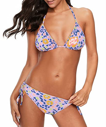 Durio Bikini Damen Push up Sexy 2tlg Bikini Damen Set mit Triangel Bikinihose Breit von Körpchen Verstellbar Lila geblümt 36