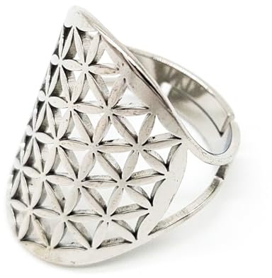 AB Viking Crafts Fingerring Blume des Lebens One Size offen Edelstahl in Schmuckbox | Spiritualität Mythologie Energie Harmonie (Silber)