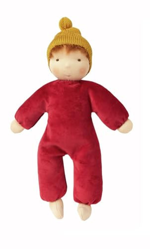Käthe Kruse Waldorfpuppe Nana Rubin – Rubinroter Nicki-Anzug, Handgefertigte Schmusepuppe aus Bio-Baumwolle und Bio-Schafschurwolle, 35 cm