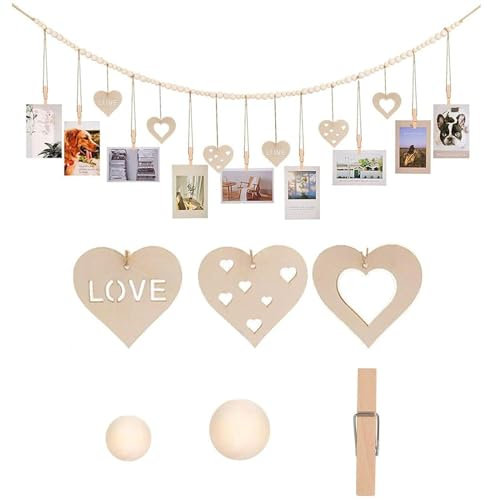 Hrippy Présentoir Photo Suspendu Au Mur avec Clips, Style Boho, Perles en Bois, Guirlande De Cœur, Porte-Photo pour Décoration Murale, Chambre À Coucher, Maison