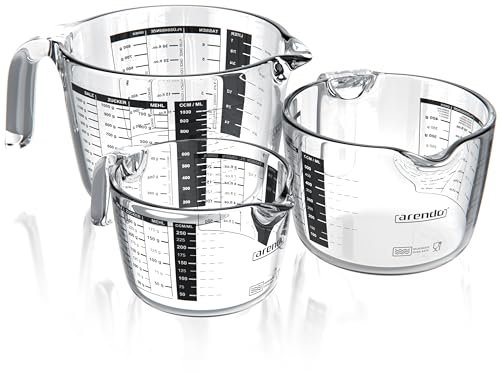 Arendo Set de jarras dosificadoras de vidrio, 250ml, 500ml, 1000ml (0,2l 0,5l 1l), Vaso medidor de vidrio, Taza medidora de vidrio borosilicato transparente, Escala precisa, apto para microondas