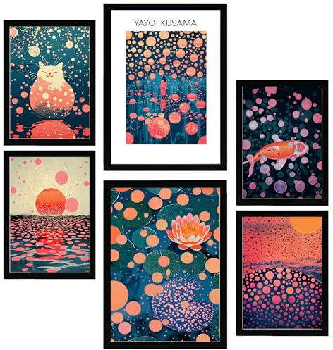 Nacnic 6er-Set Yayoi Kusama Sonnenuntergang Wasser Blau Orange Rot Lila Farben Janapise Gerahmtes Poster mit Design-Illustrationen zur Dekoration der Wände Ihres Zuhause im A3 A4 Schwarzer Rahmen