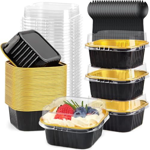 KAHEIGN 50 Piezas Mini Moldes Para Pan Con Tapas Y Cucharas, 150ml Cuadradas Aluminio Papel Contenedores para Hornear Pasteles con Pegatina de Sellado para Boda Cumpleaños Picnic Fiesta (Oro Negro)