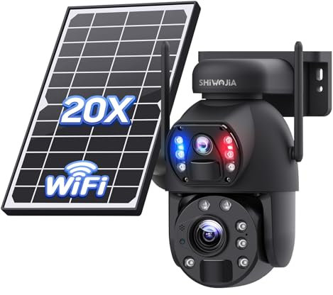 SHIWOJIA Caméras de Surveillance Solaires, Zoom Hybride 20X Camera Exterieur Solaire avec Panneau Solaire, Double Objectif, Double PIR, 360° PTZ WiFi Camera