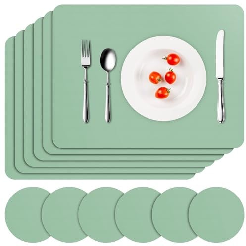 APLKER Tischset Leder 6er Set - Kunstleder Platzset Abwaschbar, Hitzebeständig Doppelseitigen Wasserdicht Platzdeckchen Lederoptik mit Tischuntersetzer rutschfest, 16 x 12 Zoll (Salbeigrün)