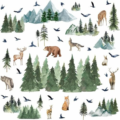 MOSITU Woodland Animal Wall Stickers Forest Animals Watercolor Green Pine Tree Mountain Tree Animal Wall Stickers Removable Large, UKM068