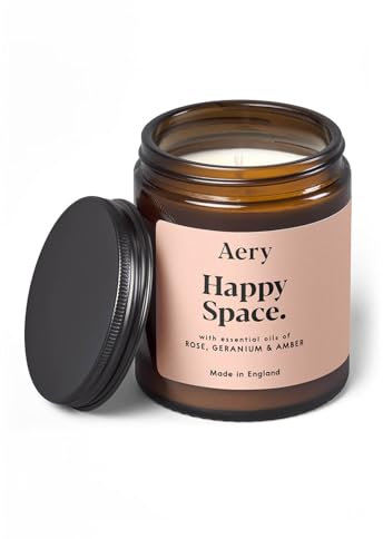 Aery Happy Space Glass Jar Soy Wax Candle - Rose, Geranium & Amber with 100% Plant Based Wax & 30 Hour Burn Time