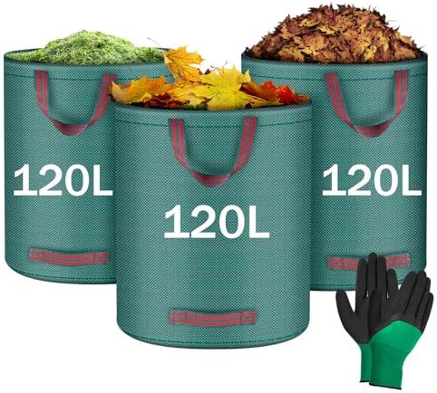 Flintronic Garden Waste Bags 3Pcs 120L Heavy Duty Garden Bags, Reusable Gardening Gloves with Handles, Foldable Camping Recycling Bags With a Pair of Gloves, Ideal for Collecting Leaf, Trash