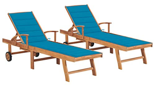 HEFZGDB Sonnenliegen 2 STK. mit Auflagen Blau Massivholz Teak Feldbett Gartenliege Strandkorb Geeignet für Pool, Terrasse, Garten.