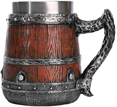 Veeteah Chope à bière en bois, chope à bière à double paroi, tasse rétro simulée en tonneau en bois, tasse médiévale 550 ml, chope à bière pour homme