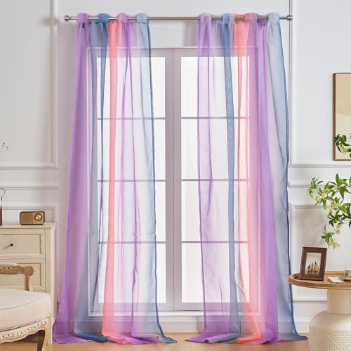SeseBee 2 Paneele transparente Vorhänge, Vorhänge für Mädchenzimmer, Schlafzimmerdekor-Vorhänge mit Einhornmotiv, lichtdurchlässige Vorhänge für Wohnzimmer (Grau Rosa Lila, 2P×B132×H213 cm)