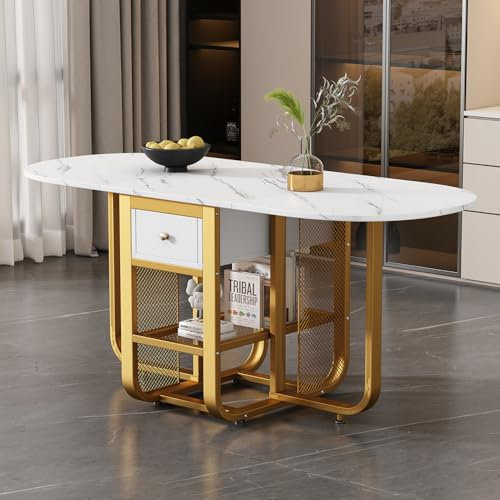 HUMZGHG Klappbarer Esstisch160x70x75cm, Multifunktionaler ausziehbarer Esstisch mit Marmor-Muster, Esstisch mit Stauraum, Esstisch mit Schubladen und 3 Formen, für Wohnzimmer, Esszimmer (Weiß+Gold)