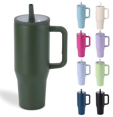 Moollyfox 1200ml/40oz Isolierbecher Auslaufsicher Edelstahl Doppelwandig Autobecher mit Strohhalm Kaffeetasse Kühlbecher Reisebecher mit Griff & Auslaufsicherer Deckel Dunkelgrün