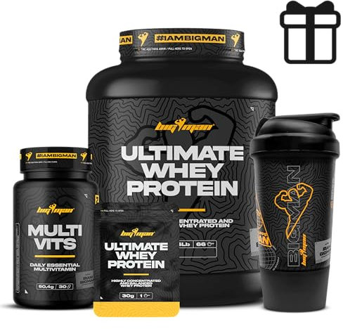 BigMan | Pack Ultimate Whey Protein 2 kg + MULTI VITS Perlas 30 caps + SHAKER PRO | Aumenta el crecimiento muscular | Entrenamientos intensos | Máxima asimilació (2 KILOS SHAKER PRO, Cookies)