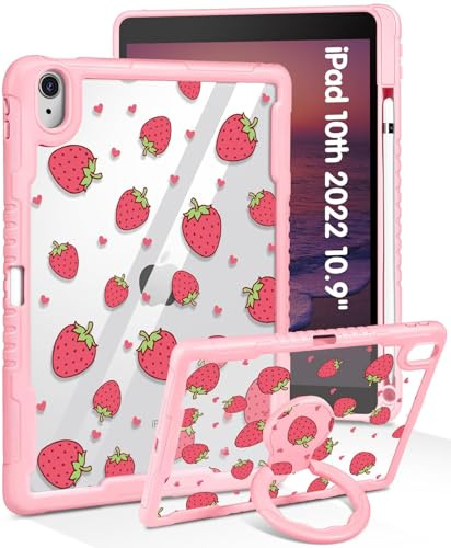 SurgeCraft Custodia per iPad di 10a generazione/A16 di 11a generazione - Donne e ragazze carine fragole kawaii con portapenne e supporto cover trasparente custodia rigida protettiva per iPad 11a 11