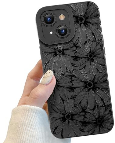 Black Daisy Flower Floral Phone Case for iPhone 13, Black Cute Daisy Flower Floral Pattern for Women Girls, Soft TPU Slim Profile Shockproof Protective Phone Case for iPhone 13