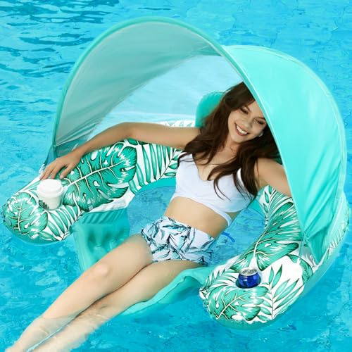 Jasonwell Flotador de piscina con toldo - Flotadores inflables para piscina, silla flotante para adultos, silla de piscina con toldo para flotar en piscina, silla de piscina con portavasos, juguete de