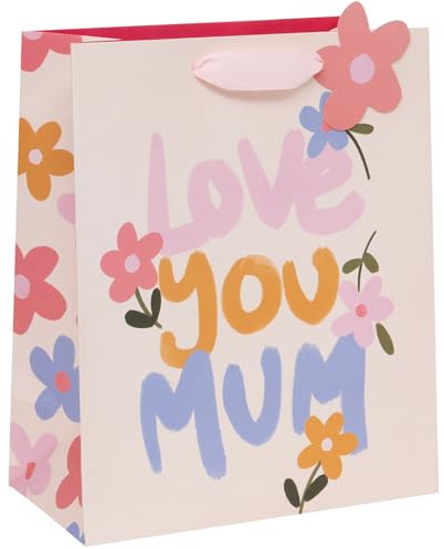 Glick Luxuriöse Geschenktüte, Love You Mum Geschenktüte, geeignet für Muttertag und Geburtstag, Blütenblätter und Posien mit Liebe, 26 x 31,5 x 13,5 cm, Rosa und Violett