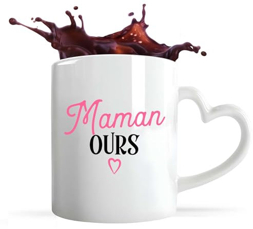 Tasse Coeur Maman Ours | Mug avec anse en forme de Coeur | Idée Cadeau Maman Humour Original Noël Anniversaire Fête des Mères Famille Amour Naissance Retraite