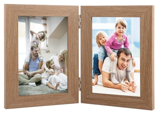 ASelected Doppelter Bilderrahmen Faltbar 10 x 15 CM Klappbarer Fotorahmen Holz Fotorahmen Collage Klappbarer Bilderrahmen aus Holz für Schreibtisch Büro Hochzeit Familie Kaffeefarbe