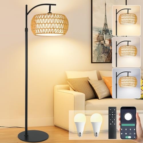 DRAWNCAT Black Boho Rattan Floor Lamp with Shade – Dimmable 12W LED, Remote & 3 Color Temps, Handwoven Arc Standing Light for Living Room, Bedroom, Modern Farmhouse