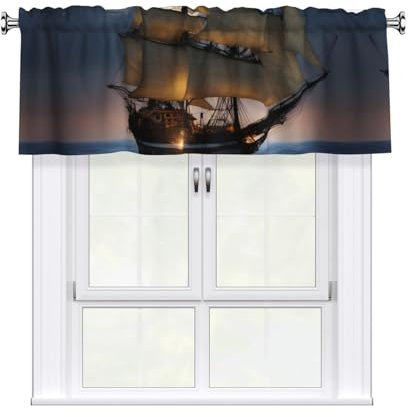 YYHHAOFA Kurze Vorhänge mit Volantstange, 137,2 x 45,7 cm, Piraten-Segelboot, Vollmondbild für Küche, Bad, Schlafzimmer, Studio, passend für die meisten Standard- oder dekorativen Gardinenstangen