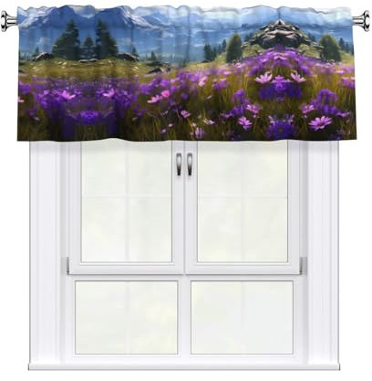 WZYWHJ Le tende corte stampate con fiori viola natura paesaggio montagna sono durevoli, trasparenti e facili da installare misura 52 W x 18 L