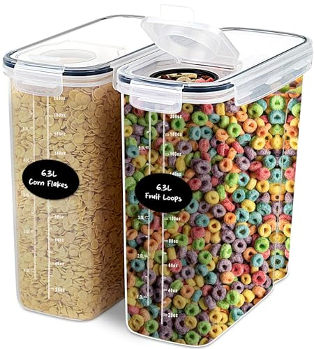 DWËLLZA KITCHEN EXTRA LARGE Cereal Containers Storage (6.3L / 213OZ) Set of 2 Family Size Bulk Cereal Dispenser Countertop, Airtight Food Storage Containers for Pantry Organization, Labels & Marker