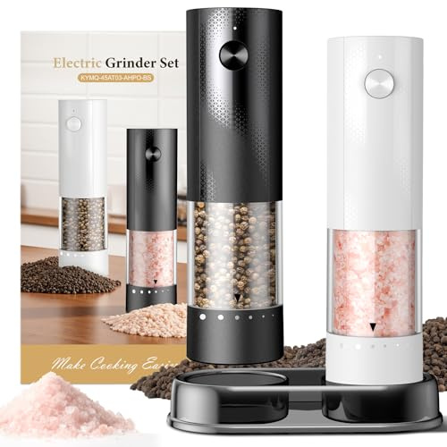 Lot de 2 moulins à sel et poivre électriques – Salière et poivrière automatiques rechargeables, appareils de cuisine avec grossier externe réglable, grande trémie pour la cuisine, cadeaux de maison