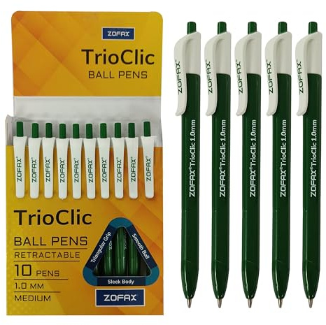 ZOFAX TrioClic Retractable Ballpoint Pens, GREEN, Medium Point (1.0mm), Pack of 10, Smooth Writing, Triangular Grip, Multi Pack, Perfect for School Office Home Business Hospital Everyday Use