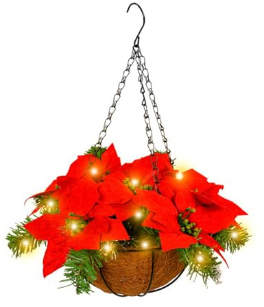 ZwaitL Künstlicher Weihnachtsstern-Blumenampel mit LED-Lichtern, für warme Atmosphäre, künstliches Weihnachtsstern-Blumenarrangement