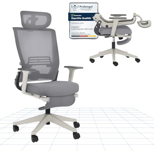 FLEXISPOT Ergonomischer Bürostuhl, Foldex, klappbarer Bürostuhl für Kleine Räume mit Lendenwirbelstütze, Höhenverstellbaren Armlehnen, 2D Kopfstütze, Schreibtischstühle mit Fußstütze Grau